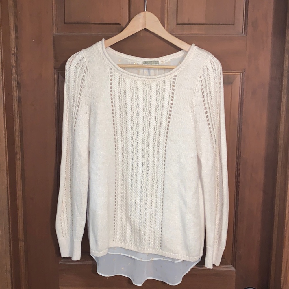 Lucky Brand cream/gold thread open back sweater with sheer white/gold lining XS